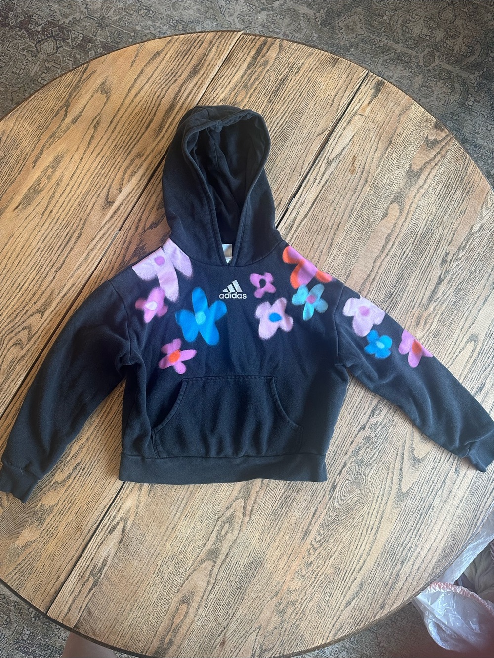 adidas Black Kids Hoodie with Multicolor Floral Accents